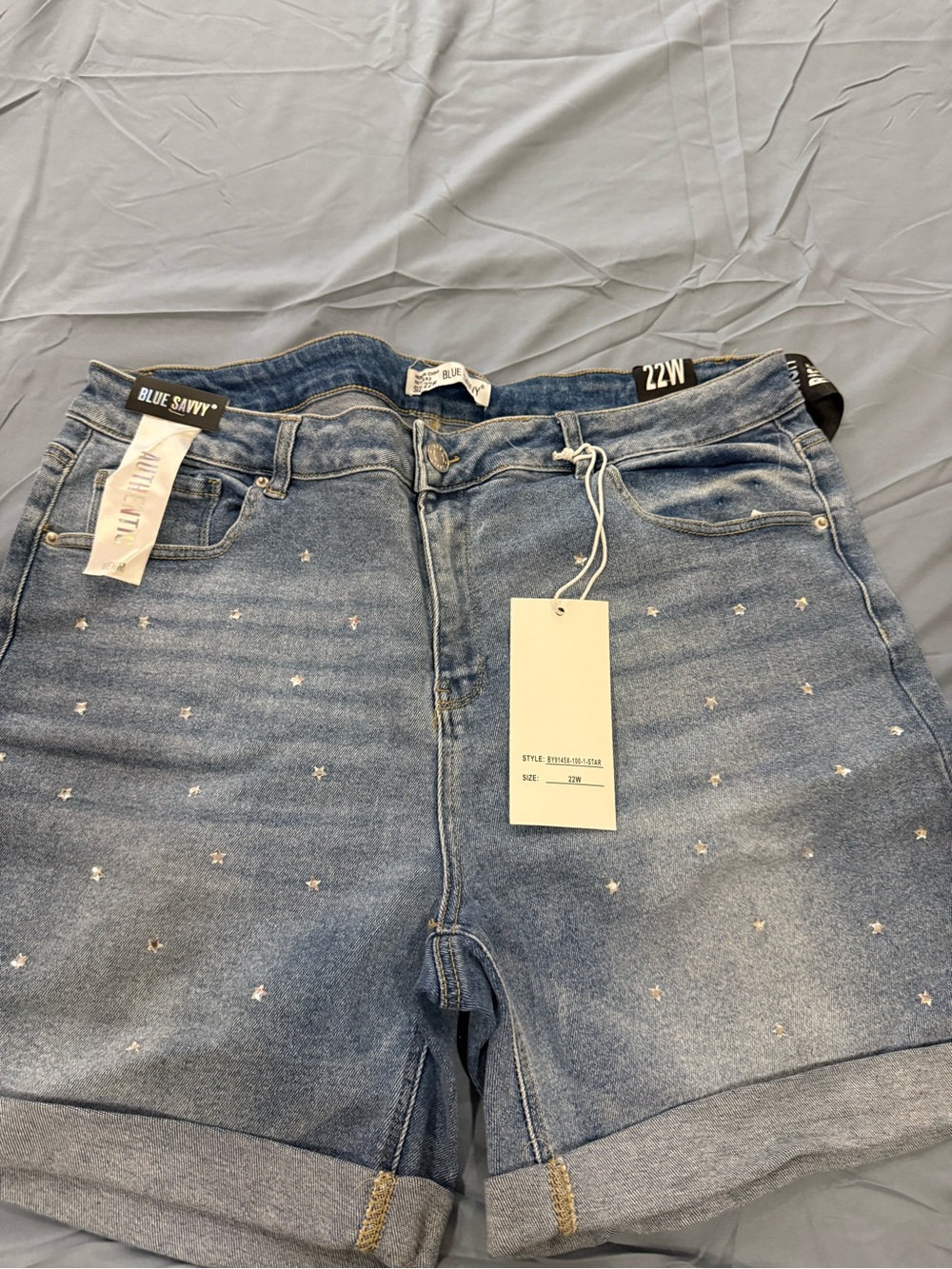 Blue Savvy Light Blue Embellished Denim Shorts - 22W